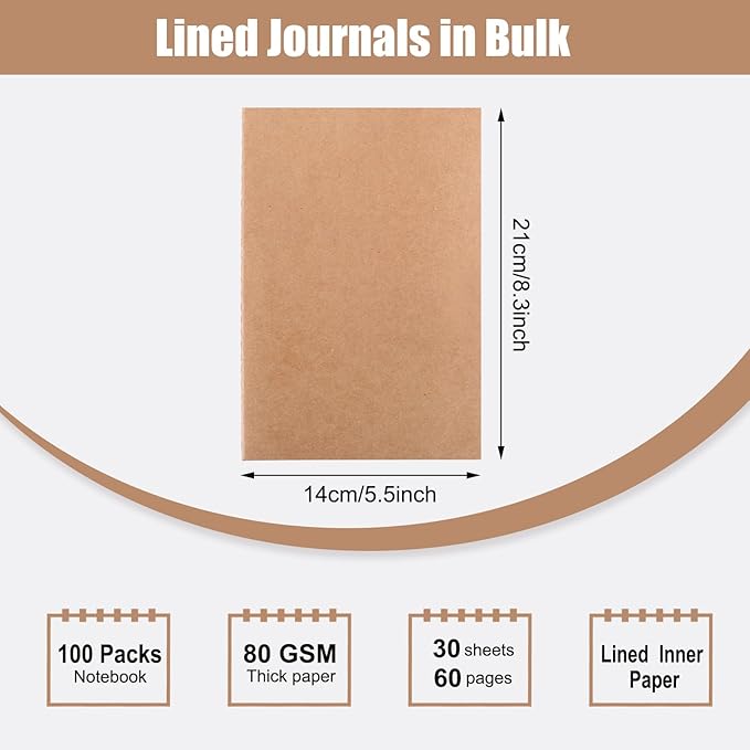 EOOUT 100pcs Lined A5 Kraft Notebook, Journals for Travelers 8.3x5.5in Notebooks 30 Sheets/60 Pages for Students and Office Travel Journal Set