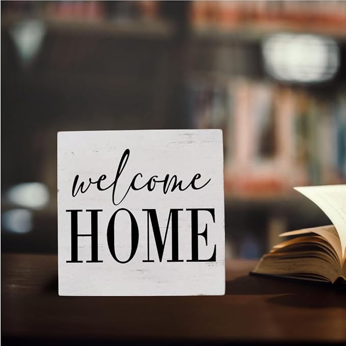Welcome Home Sign Home Decor Desk Decor Wooden Box Sign Rustic Black Wood White Plaque Box Sign for Women Family Friends Farmhouse Living Room Kitchen Bedroom Shelf Table Decoration