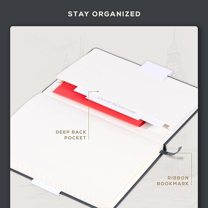 BEECHMORE BOOKS Lined Journal Notebook, 5.8 x 8.3 inch, A5 160 Lined Pages, Hardcover Leather Journals for Women, Men, Writing and Notebooks for Work - 120 GSM Thick Paper, Gifts Box Included