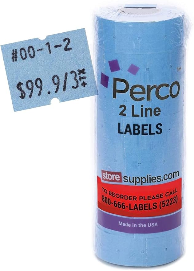Perco 2 Line Blue Labels - 8 Rolls, 1 Sleeve, 6,000 Blank Price and Date Gun Labels for Perco 2 Line Price and Date Guns - Made in USA
