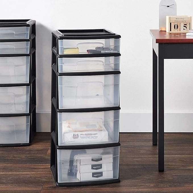 HOMZ 1-Pack 5-Drawer Storage Unit, Home & Office Plastic Organizer, Black Frame