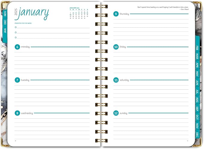 HARDCOVER 2025 Planner, 5.5"x8": 14 Months (November 2024 - December 2025), Daily Weekly Monthly Planner, Yearly Agenda, Bookmark, Pocket Folder and Sticky Note Set (Black Gold Marble)