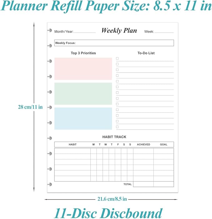 Weekly Planner Undated Refills - Letter Size 53 Sheets/106 Pages Colorful Weekly Planner for 11-Disc Discbound, TUL, 100 gsm White Paper, 8.5" x 11"