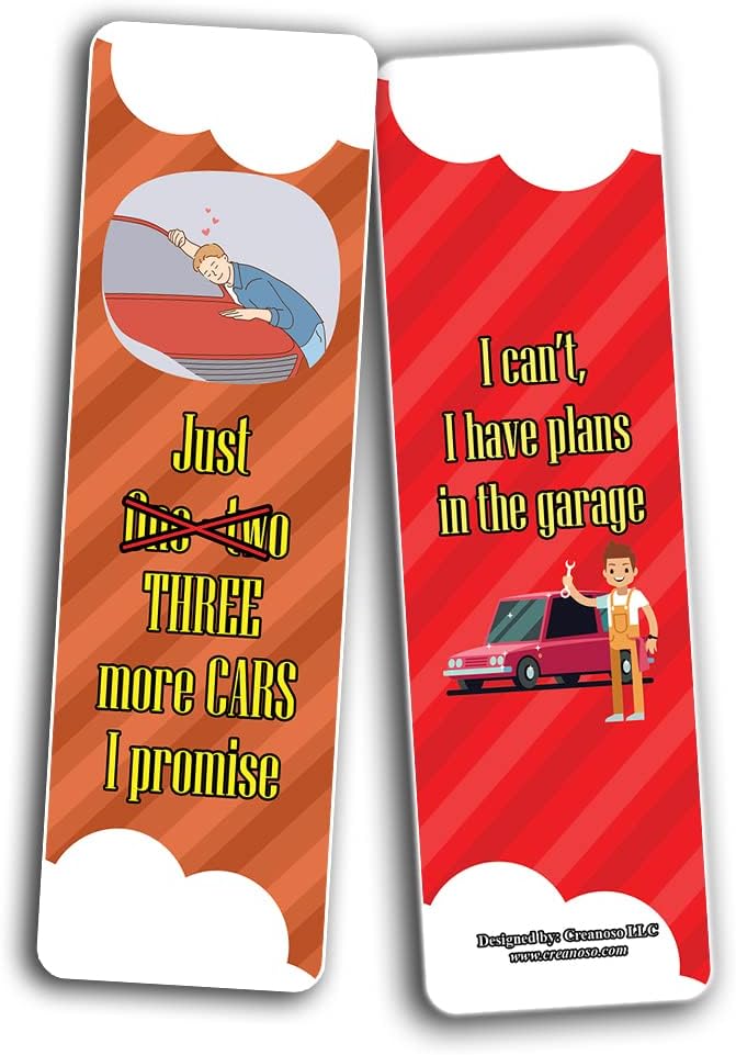 Creanoso A Car Lover Guy Uproarious Humor Bookmarks Sayings (10-Sets x 6 Cards) – Great Bulk Set Incentive Page Binders for Bookworm, Bibliophiles – Stocking Stuffers Gifts Rewards Token Ideas