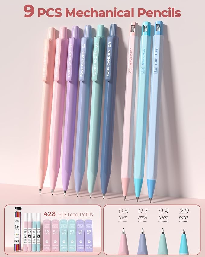 Four Candies 56 PCS Aesthetic School Supplies with Large Pencil Case, 6 Colored Ballpoint Pens, 12 Pastel Highlighters, 5 Black Ink Gel Pens, 9 Mechanical Pencils 0.5-2.0mm Student Essentials (Pink)