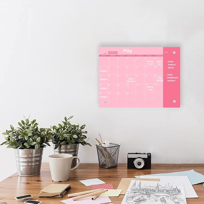 Glass Dry Erase Whiteboard, Monthly Calendar Whiteboard, Frameless Glass White Board for Home, School, Office, Pink Surface, 12" x 16"(GlassA-PK-3040)