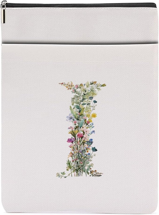 Monogrammed Book Sleeve Floral I Initial Book Pouch Book Accessories Book Lovers Gifts Waterproof Book Cover Book Protector Bookish Gifts Personalized Gifts for Women Girls Readers Bride Friend