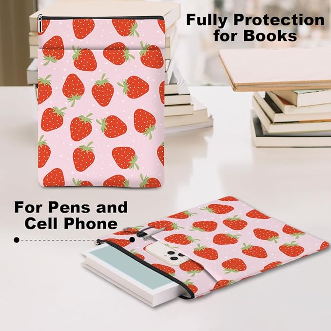 Strawberry Pattern Book Lovers Gifts Waterproof Book Sleeve Book Pouch Book Protector with Zipper and Front Pocket BookCover Case for Women Girl Daughter Mom Book Accessories Book Club Gifts