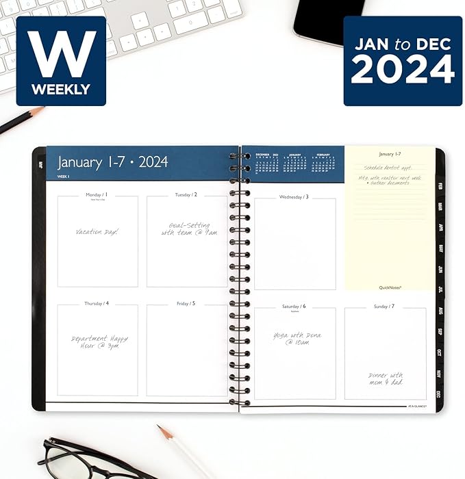 AT-A-GLANCE 2024 Weekly & Monthly Planner, 8" x 11", Large, QuickNotes, Black (7603520524)