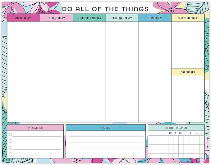 Global Printed Products 8.5" x 11" Horizontal to-Do List and Weekly Planning Pad, 60-Sheets, Sketched Floral