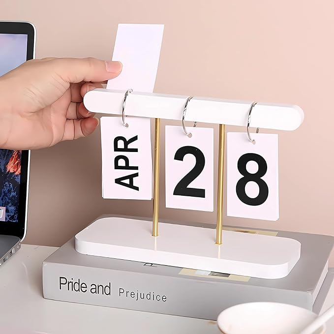 Perpetual Daily Flip Calendar for Desk Reusable Office Desktop Decor Home Accessories Photography Props (White)