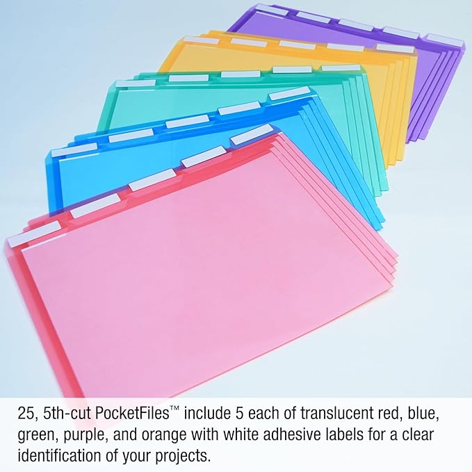 Ultimate Office PocketFile™ Clear Poly Document Folder Project Pockets, 5th-Cut, Letter Size, in 5 Assorted Colors, Set of 25