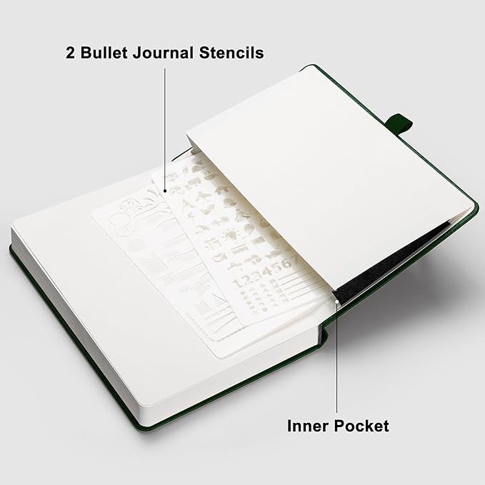 RETTACY Bullet Dotted Journal, A5 Dotted Notebook Journal with 192 Pages, 5.7'' × 8.3'', Medium Size, 100 GSM Thick Paper, Leather Hardcover, Bullet Journaling, Planning (Dark Green)