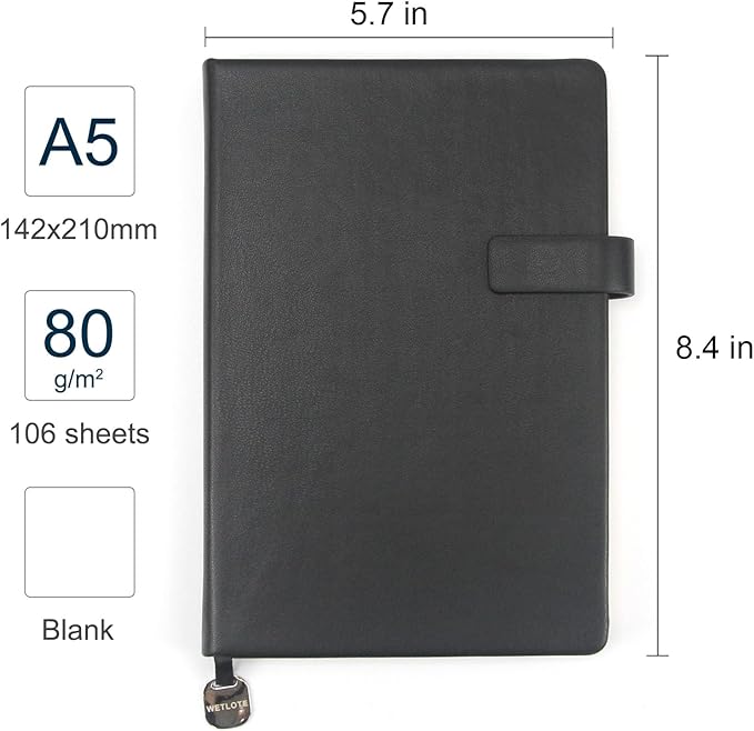 A5 Hard Cover Notebook with Pen Holder, Gold Edges & 180° Lay Flat - Large 5x8.25 Blank, Gift Box - Durable Journal for Office, Study, Travel - Writers, Students (Black)