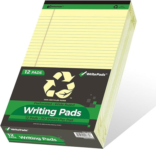 KAISA Legal Pad 14" Large Writing Pads Notepads, Wide Ruled 8.5"x14" Legal Pad, 50 Sheets Perforated Recycled Paper Pads, Canary 12pad, KSU-6658