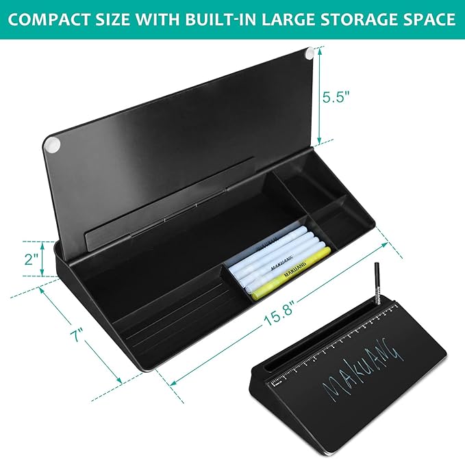 Desk Whiteboard Dry Erase Glass Whiteboard with 15“ Ruler Marker,Tilted Notepad Computer Keyboard Stand with Black Dry Erase Board Surface, Desktop White Board to-do List Memo Notepad,Black