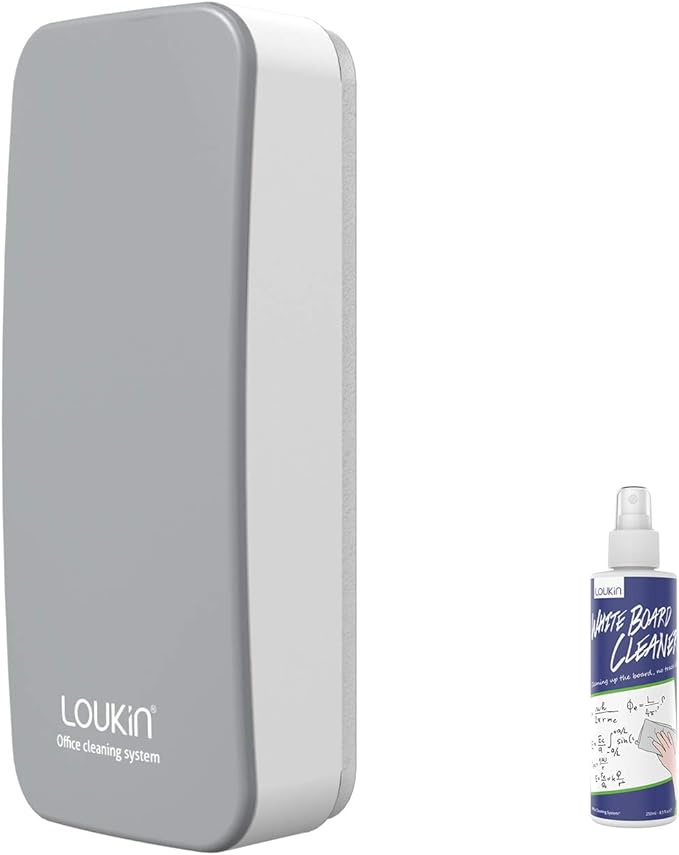 LOUKIN Magnetic Dry Erase Eraser, Whiteboard Eraser, Glass Board Eraser(Gray), One Bottle of 3.4 fl oz Whiteboard Cleaner Included, for Classroom, Home and Office Use