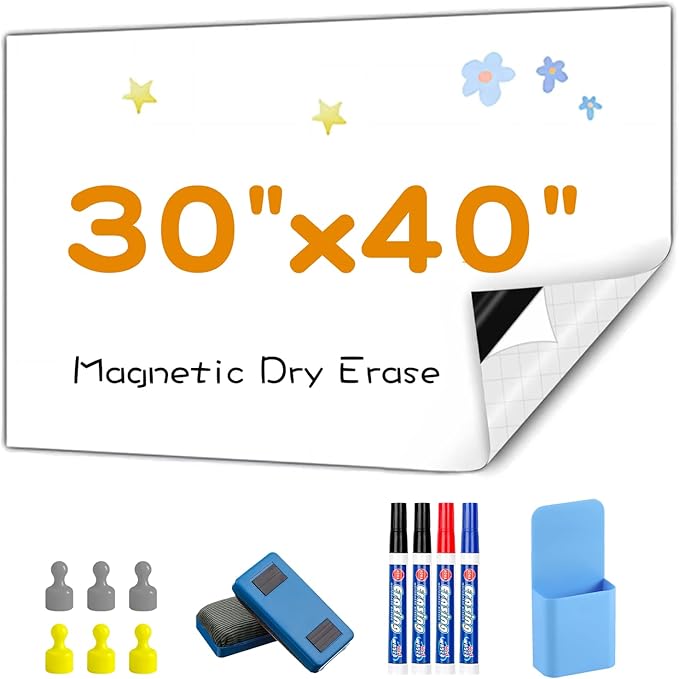 Dry Erase Adhesive Whiteboard Paper, 30" x 40" Stick on Magnetic Contact Board Sticker on Wall for School, Office, Kitchen Fridge, Kids Drawing