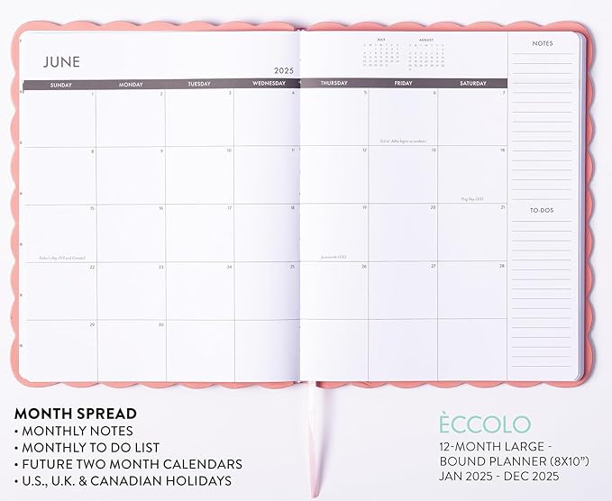 Eccolo 2025 Large Agenda Planner, 12 Month, Yearly, Monthly & Weekly Pages, Habit & Gratitude Tracker (Hardcover - 8 x 10")