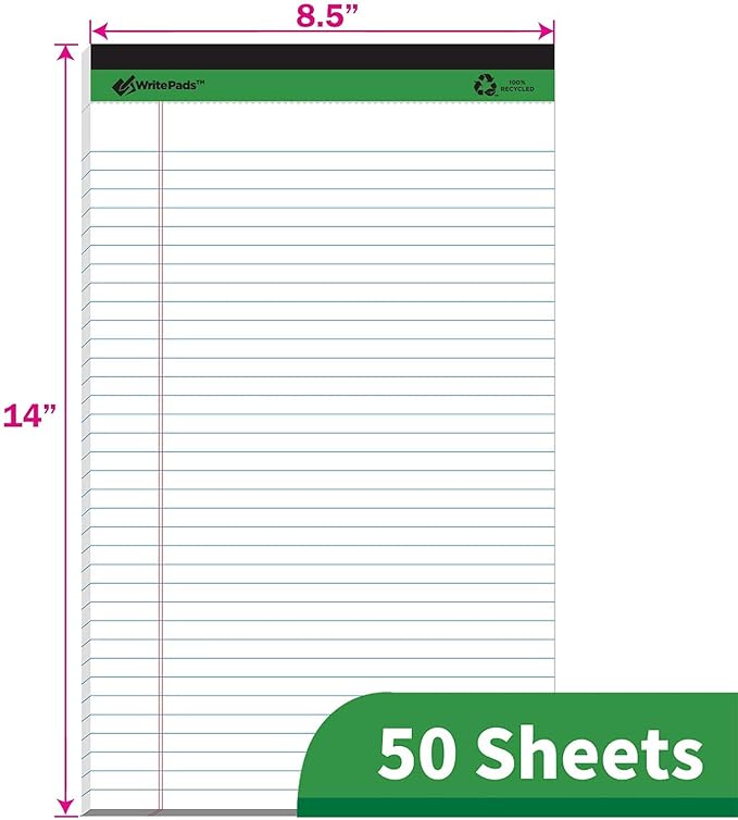 KAISA Legal Pad 14" Writing Pads, Wide Ruled 8.5"x14" Legal Pad 50sheets/Pad Perforated Recycled Paper Pads, White12pad, KSU-6641