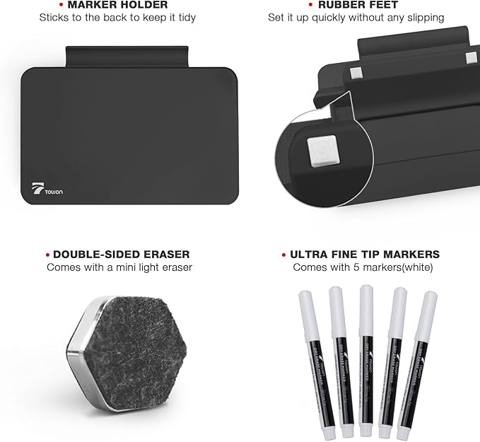 TOWON Small Glass Dry Erase Board, Desk White Board with Standing, Mini Whiteboard Easel Pad Set, Stenography Artifact for Office, Home and School Supplies, 8x6 Inches, Black