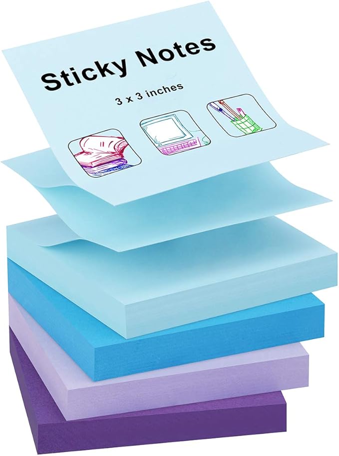 ZCZN 400 Sheets Pop-up Sticky Notes, 3 x 3 Inches, 4 Pads Assorted Water Colors Self-Stick Notes, 100 Sheets/Pad, (Blue Purple Light Blue Light Purple)