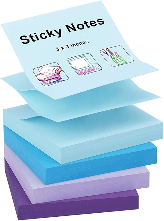 ZCZN 400 Sheets Pop-up Sticky Notes, 3 x 3 Inches, 4 Pads Assorted Water Colors Self-Stick Notes, 100 Sheets/Pad, (Blue Purple Light Blue Light Purple)