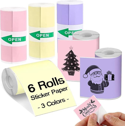 6 Rolls Colored Printer Paper, Self-Adhesive Thermal Paper with Black Character on Yellow/Purple/Pink Color Paper for Printer, 57mm x 25mm Sticker Printer Paper, 3 Color Thermal Labels