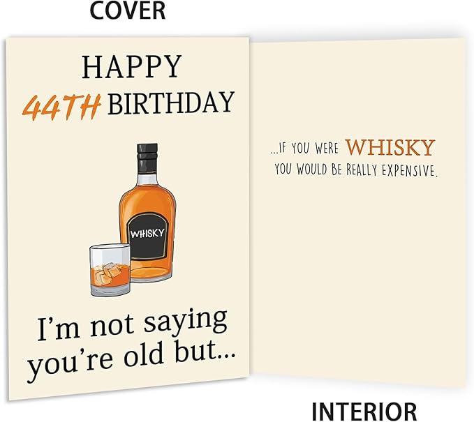 Funny Whiskey 44th Birthday Card, 44th Birthday Gifts Women Men, Unique 44th Birthday Decorations for Him Her, Happy 44 Year Old Birthday Card Gifts for Husband Wife