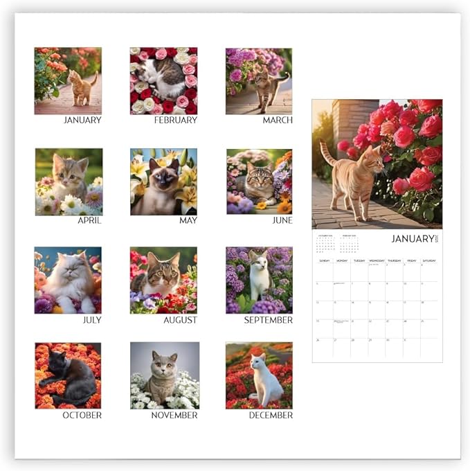 Cats and Flowers Large Wall Calendar with Sticker Pack | 12 x 12 Inches | Awesome Sticker Pack | 2025 Wall Calendar | Christmas Gift (Cats and Flowers)