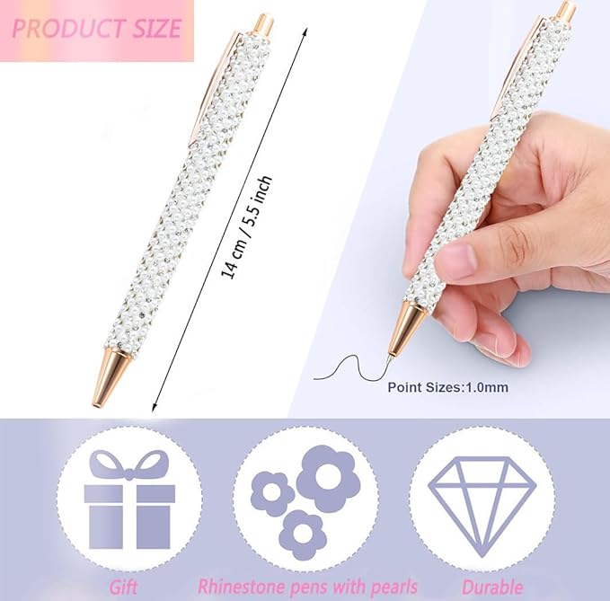 4 Pcs White Pearl Pens Rhinestone Metal Ballpoint Pens Sparkly Crystal Pens Black Ink for Women Girls Office School Supplies