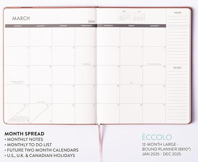 Eccolo 2025 Large Agenda Planner, 12 Month, Yearly, Monthly & Weekly Pages, Habit & Gratitude Tracker (Hardcover - 8 x 10")