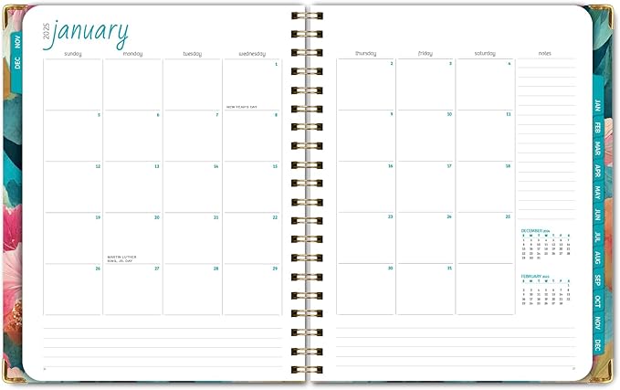 HARDCOVER 2025 Planner, 8.5"x11": 14 Months (November 2024 - December 2025), Daily Weekly Monthly Planner, Yearly Agenda, Bookmark, Pocket Folder and Sticky Note Set (Teal Floral)
