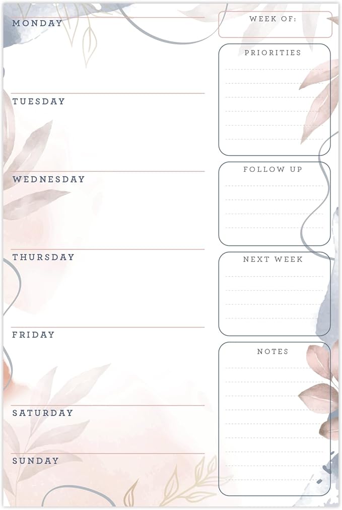 Global Printed Products 6" x 9" Vertical to-Do List and Weekly Planning Pad, 60-Sheets, Soft Pink Floral