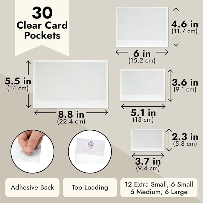 Juvale 30 Pieces Clear Adhesive Pockets for Planners and Binders, Peel and Stick Index Card and Photo Pockets, Office Notebook Folder Sleeves (4 Sizes)