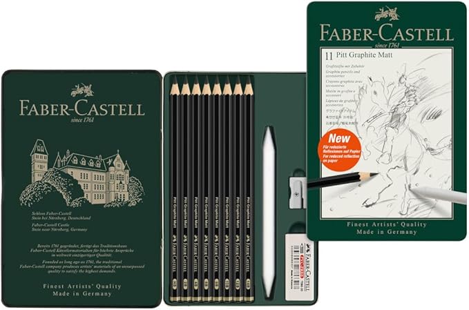 Faber-Castell Pitt Graphite Matte Pencil Set, Metal Tin of 8 Graphite Pencils and Sketching Accessories (HB, 2B, 4B, 6B, 8B, 10B, 12B, 14B), Pencil Sharpener, Eraser and Blending Stump