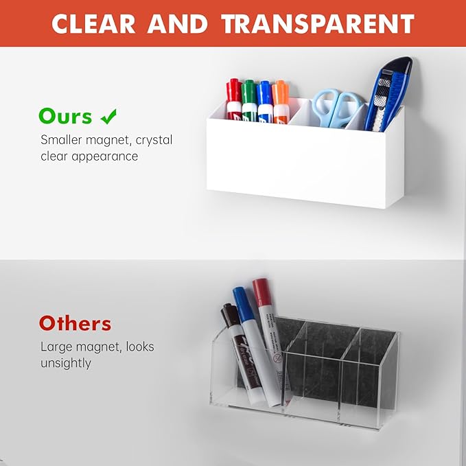 Magnetic Dry Erase Marker Holder, Acrylic Magnet Pen Holder for Whiteboard, Refrigerator, Magnetic Fridge Organizer for Office, Classroom, Whiteboard Maker Holder, Locker Organizer(White)
