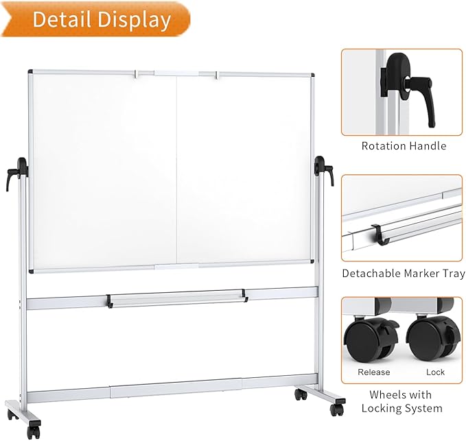 VIZ-PRO Double-Sided Mobile Whiteboard, 96 x 48 Inches, Magnetic Rolling Dry Erase White Board on Wheels with Aluminium Frame and Stand