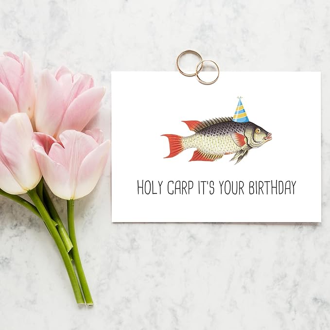 Spercy Funny Pun Birthday Card for Friends, Fishing Carp Birthday Card for Him Her, Humor Fishing Birthday Card, Holy Carp, It's Your Birthday