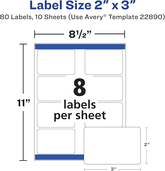 Avery Glossy White Labels with Sure Feed Technology, 2" x 3" Rectangle Labels, Print to The Edge, Laser/Inkjet, 80 Labels (22890)