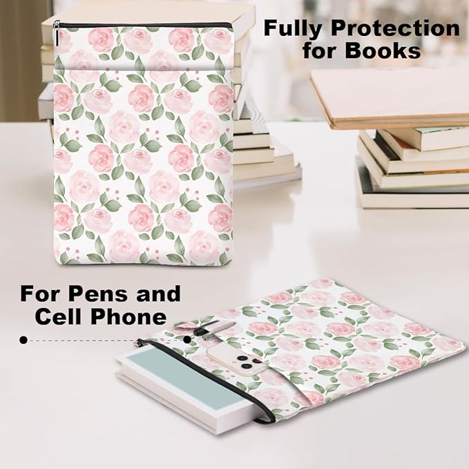 Watercolor Floral Pattern Book Lovers Gifts Waterproof Book Sleeve Book Pouch Book Protector with Zipper and Front Pocket BookCover Case for Women Girl Mom Wife Book Accessories Book Club Gifts