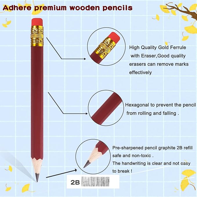 Adhere 25pcs Golf Pencils with eraser Hexagon Wooden Pencils Graphite 2B for Golf Event Scoring,Classroom,Wedding,Company Meetings,Pew, Pocket(Brown)