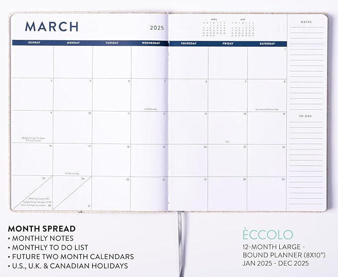 Eccolo 2025 Large Agenda Planner, 12 Month, Yearly, Monthly & Weekly Views (Linen Flexi-Cover - 8 x 10")