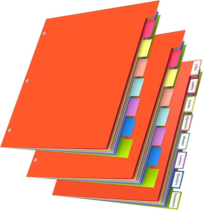 HABGP 24Pcs/3 Set 8 Tab Dividers for 3 Ring Binder, 24 Pcs Multicolor 3 Ring Binder Dividers with Tabs, Page Folder Dividers, Plastic Tabbed File Dividers with Tabs, Three Ring Binder Index Dividers
