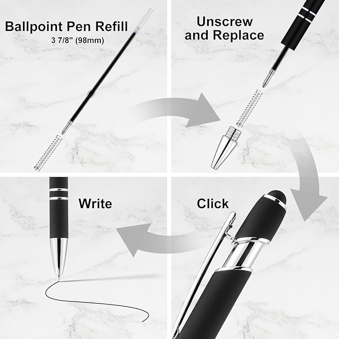 LINFANC 12 Pack Ballpoint Pen with Stylus Tip, 1.0 mm Black Ink Smooth Writing Pens, Metal Stylus Pens for Touch Screens