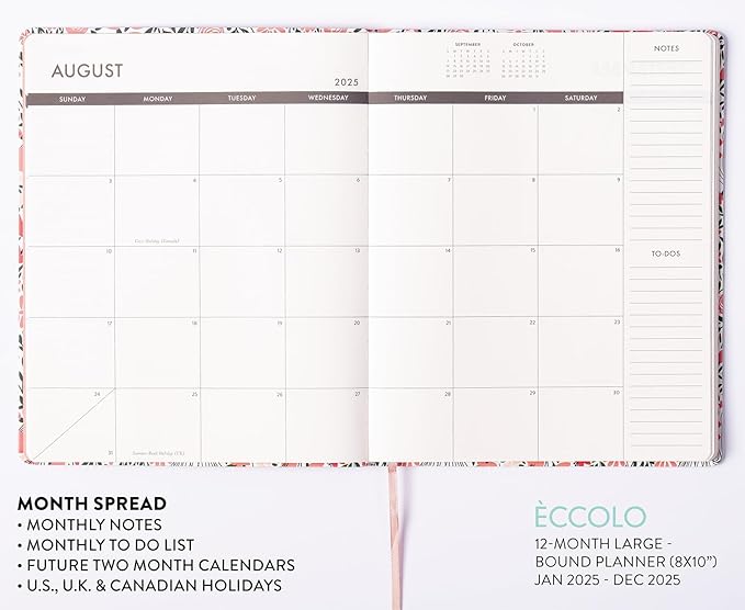 Eccolo 2025 Large Agenda Planner, 12 Month, Yearly, Monthly & Weekly Pages, Habit & Gratitude Tracker (Flexi-Cover - 8 x 10")