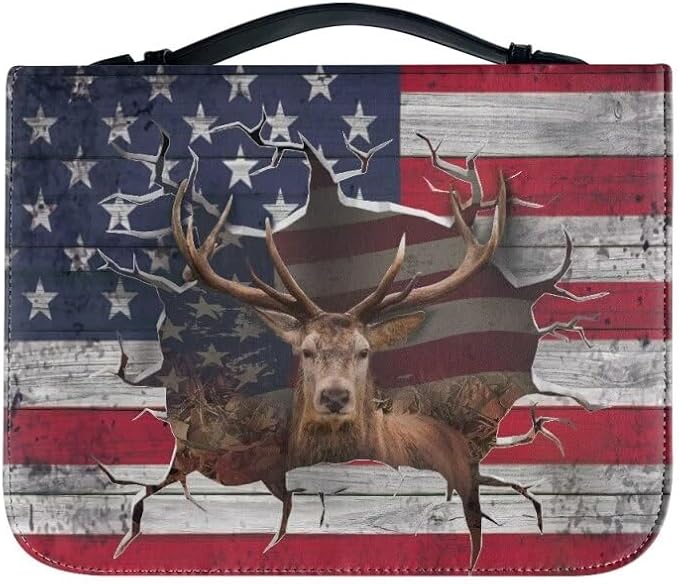 Lotusorchid Reindeer Bible Cover Case, Zippered Bible Carrying Case for Women Girls, Portable American Flag Bible Tote Bag Sturdy Bible Book Cover for Bible Study, Christian Bible Accessories,XL