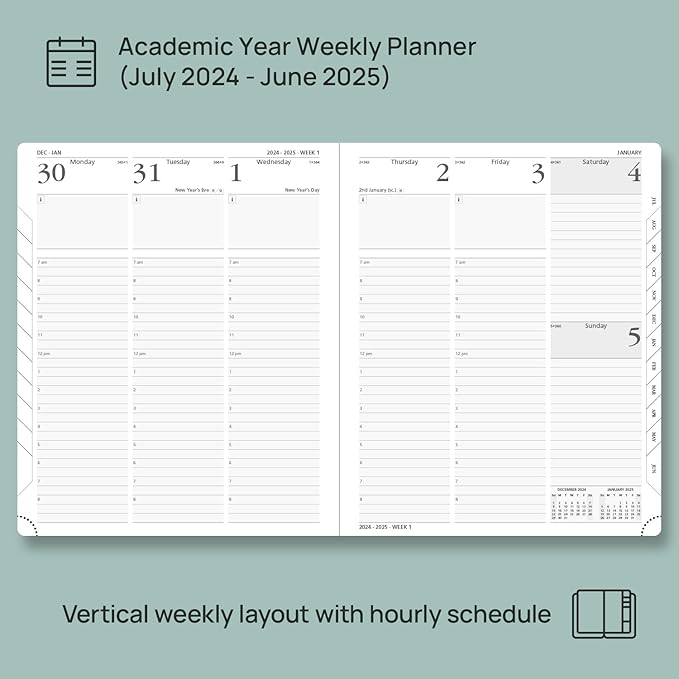 POPRUN Planner 2024-2025, [Large 8.5'' x 10.5'' Hard Cover] Academic Calendar (July 24-June 25) Daily Weekly and Monthly Appointment Book with Hourly Time Slots, Monthly Tabs, 100 GSM - Haze Blue
