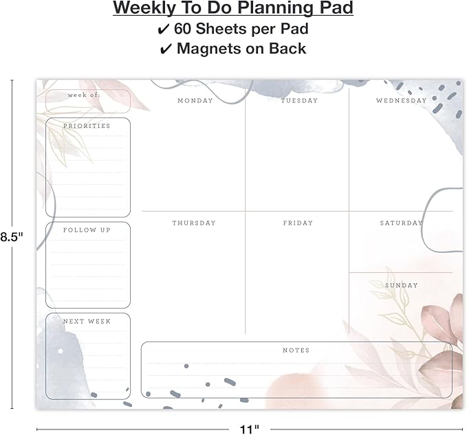 Global Printed Products 8.5" x 11" Horizontal to-Do List and Weekly Planning Pad, 60-Sheets, Soft Pink Floral