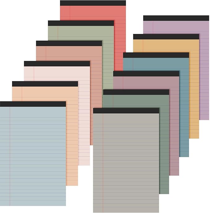 Lincia 12 Pcs 5" x 8" Colored Note Pads Mini Legal Pads Ruled 50 Sheets Per Micro Writing Pads Perforated and Lined for College Office Supplies (Retro Colors)
